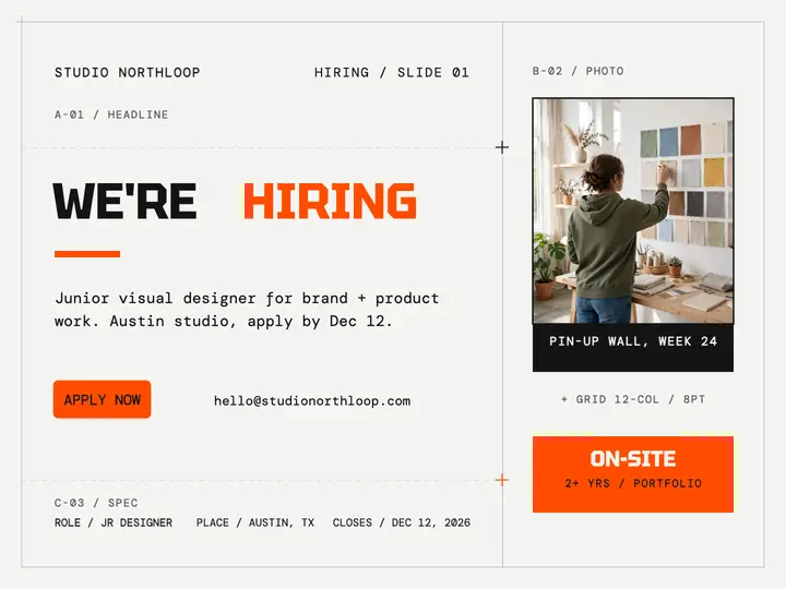 Studio Northloop hiring grid slide: hiring presentation slide template