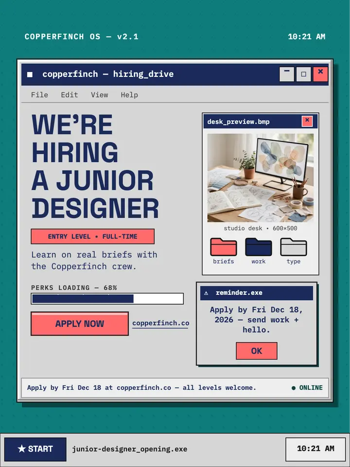 Copperfinch junior designer retro desktop post: designer hiring post template