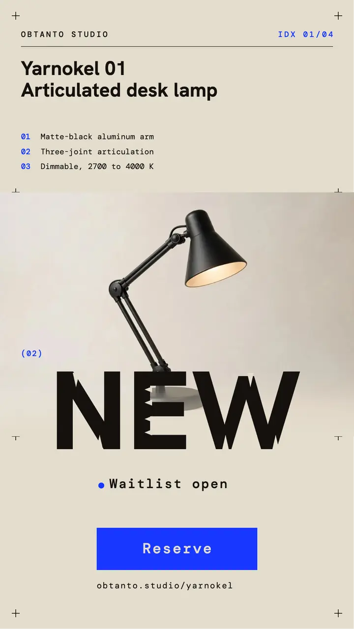 Yarnokel desk lamp waitlist story, ink-trap tech type template