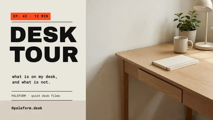 Desk tour YouTube thumbnail, soft brutalism template