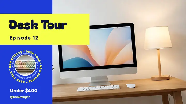 Desk tour video thumbnail, orbiting text rings template