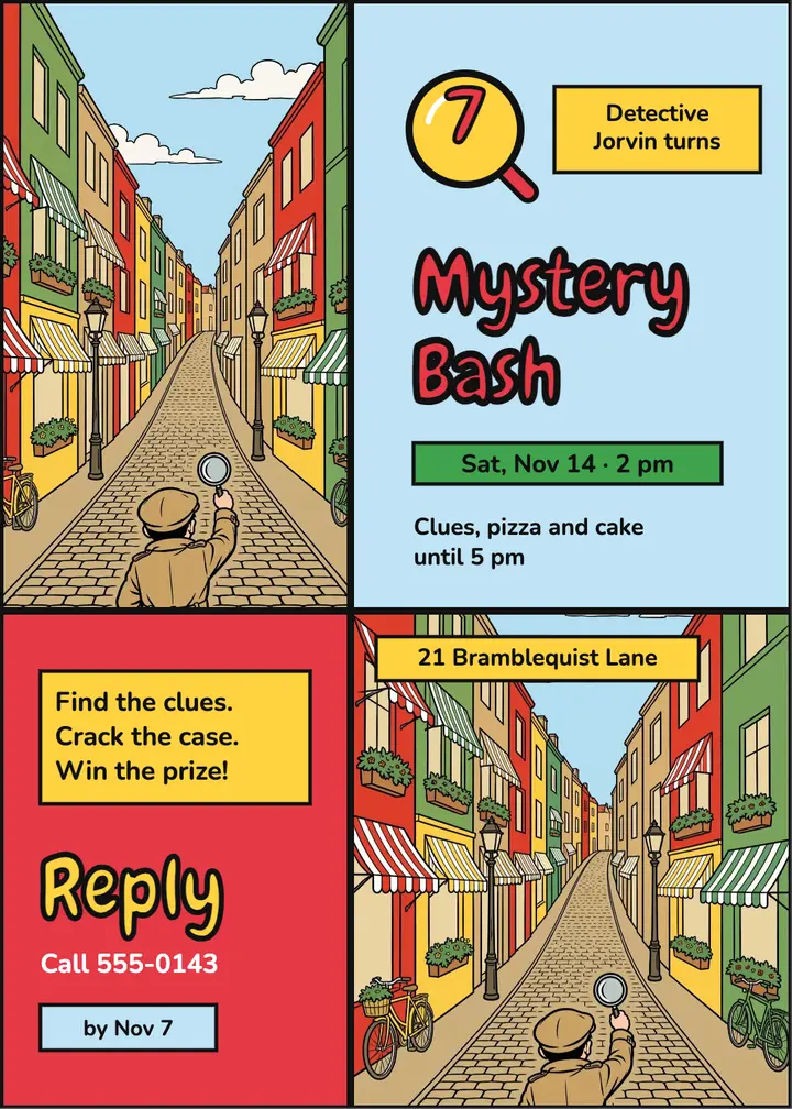 Mystery Bash detective kids birthday invitation template