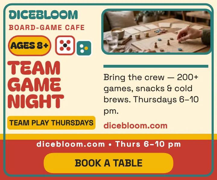 Dicebloom team game night ad: board game cafe ad template