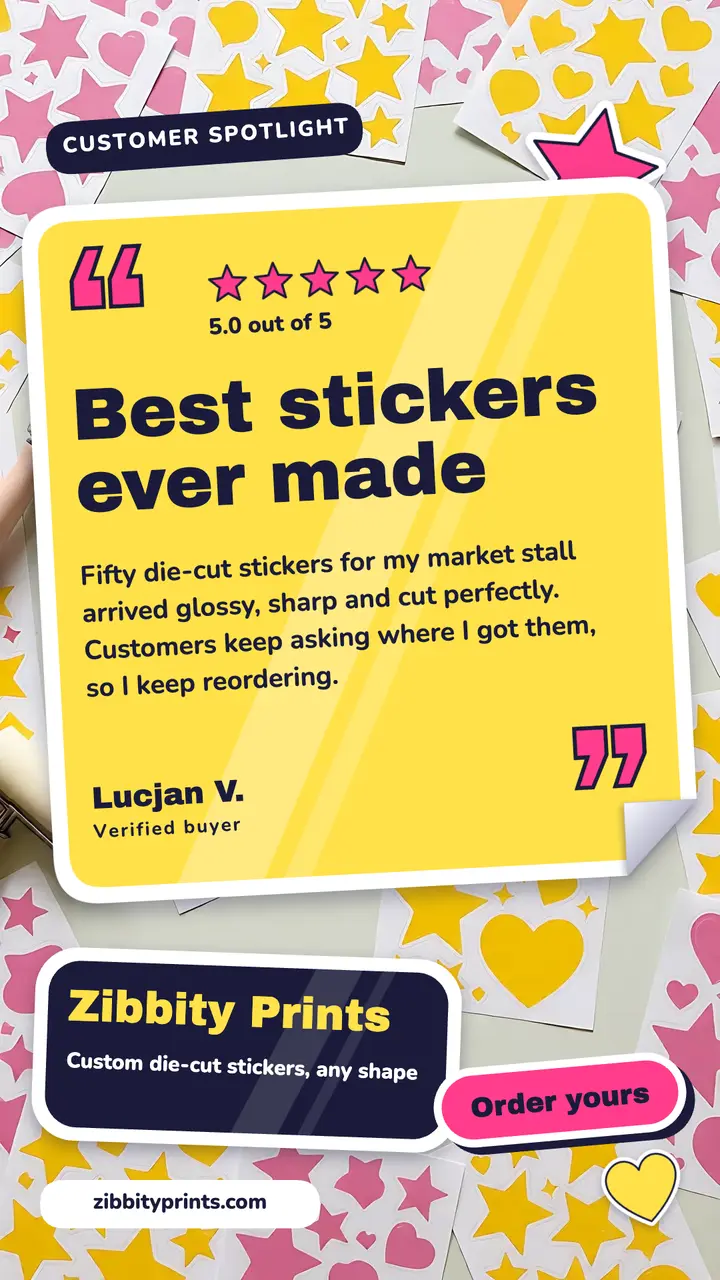 Zibbity Prints die-cut sticker print shop review story: customer review story template