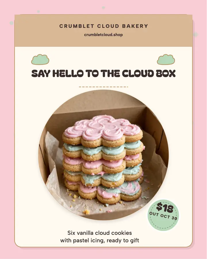 Crumblet Cloud cookie box launch post: cookie box launch post template