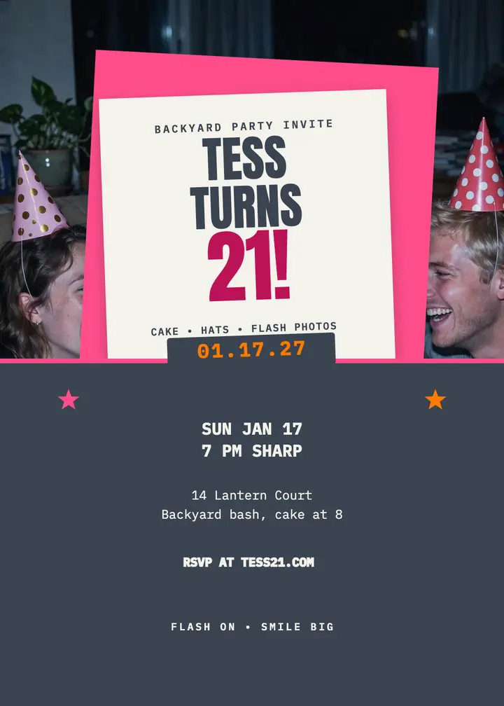 Tess 21st backyard bash digicam invitation template