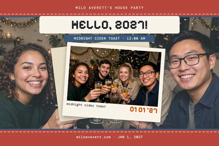 Hello 2027 house party digicam recap template