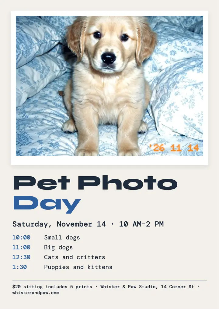 Whisker & Paw pet photo day flyer template