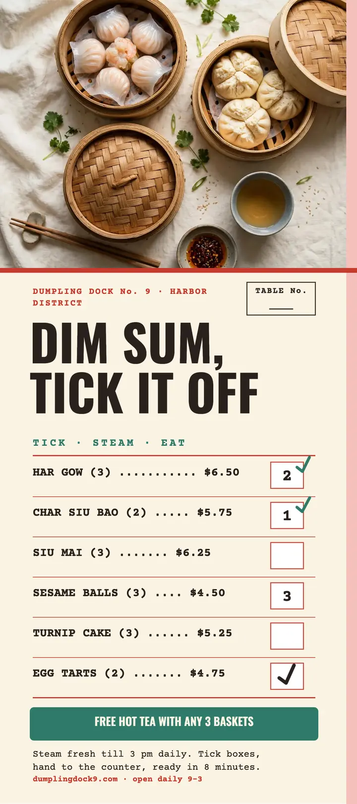 Dumpling Dock dim sum order pad: dim sum order pad template
