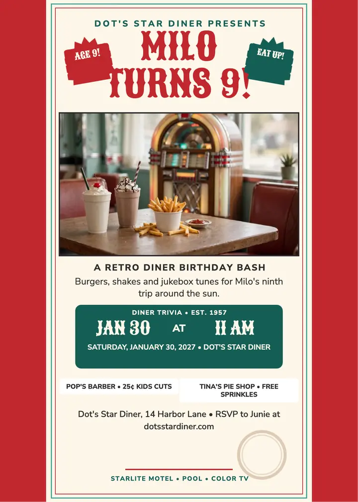 Milo's diner birthday placemat invitation template