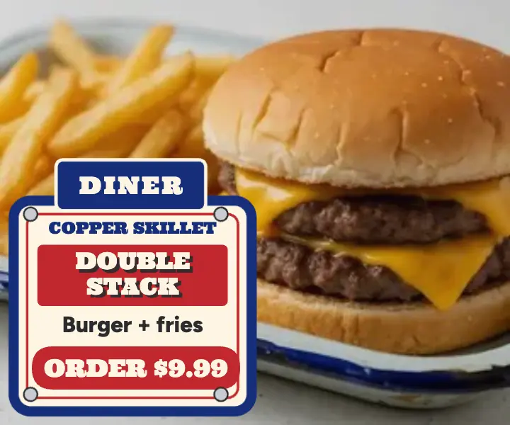 Copper Skillet burger enamel ad template