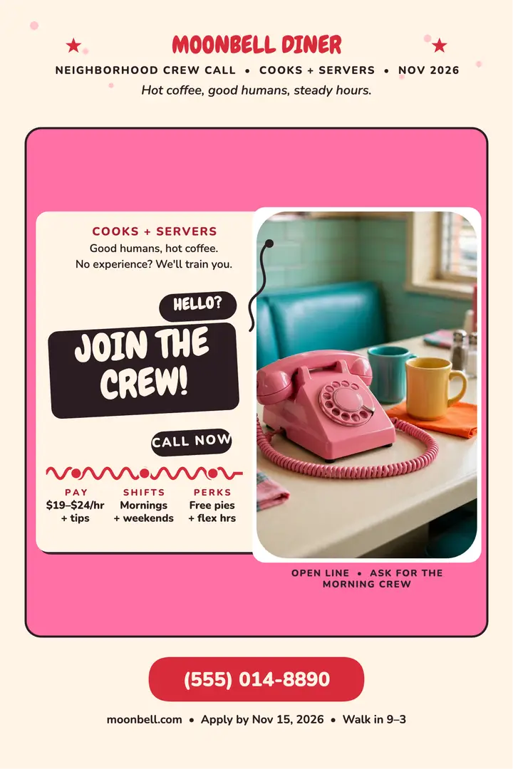 Moonbell Diner crew call poster template