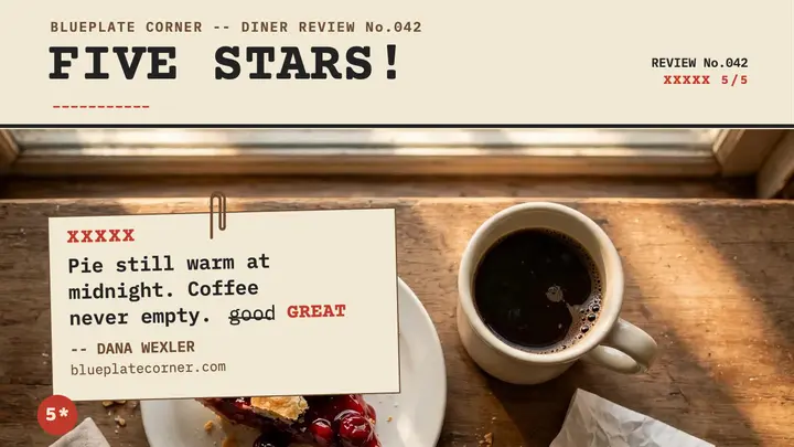 Blueplate Corner five-star review thumbnail template