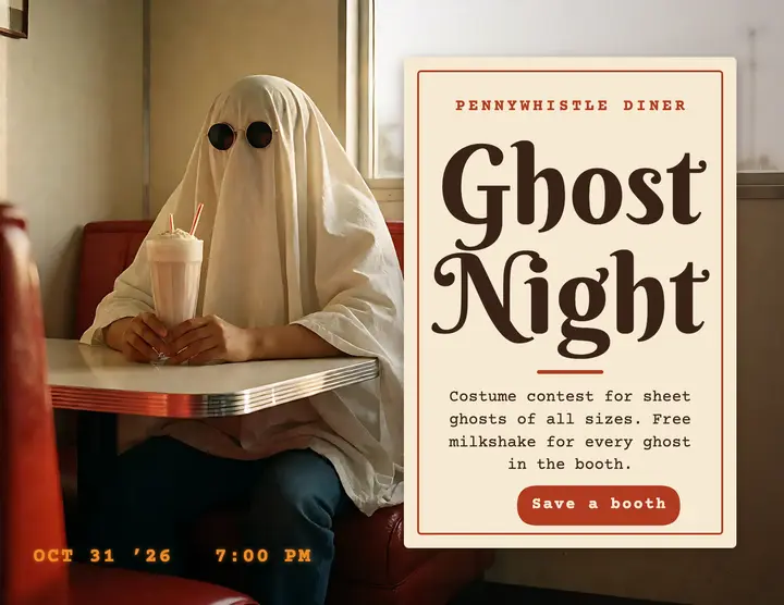 Pennywhistle Diner ghost night flyer: halloween diner night flyer template