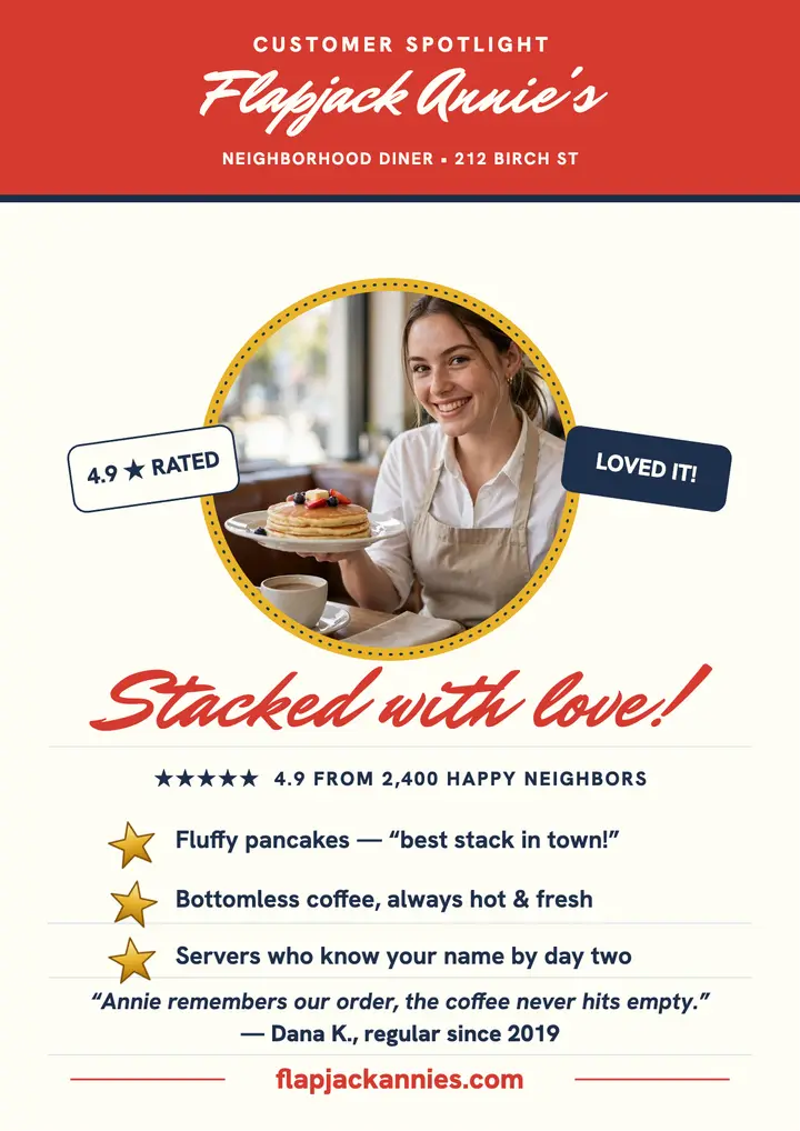 Flapjack Annie's gold-star review flyer: diner review flyer template
