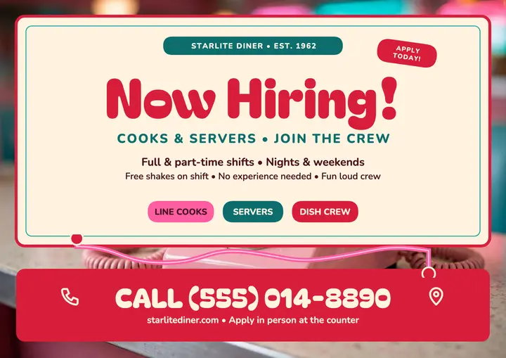 Starlite Diner hiring hotline card template