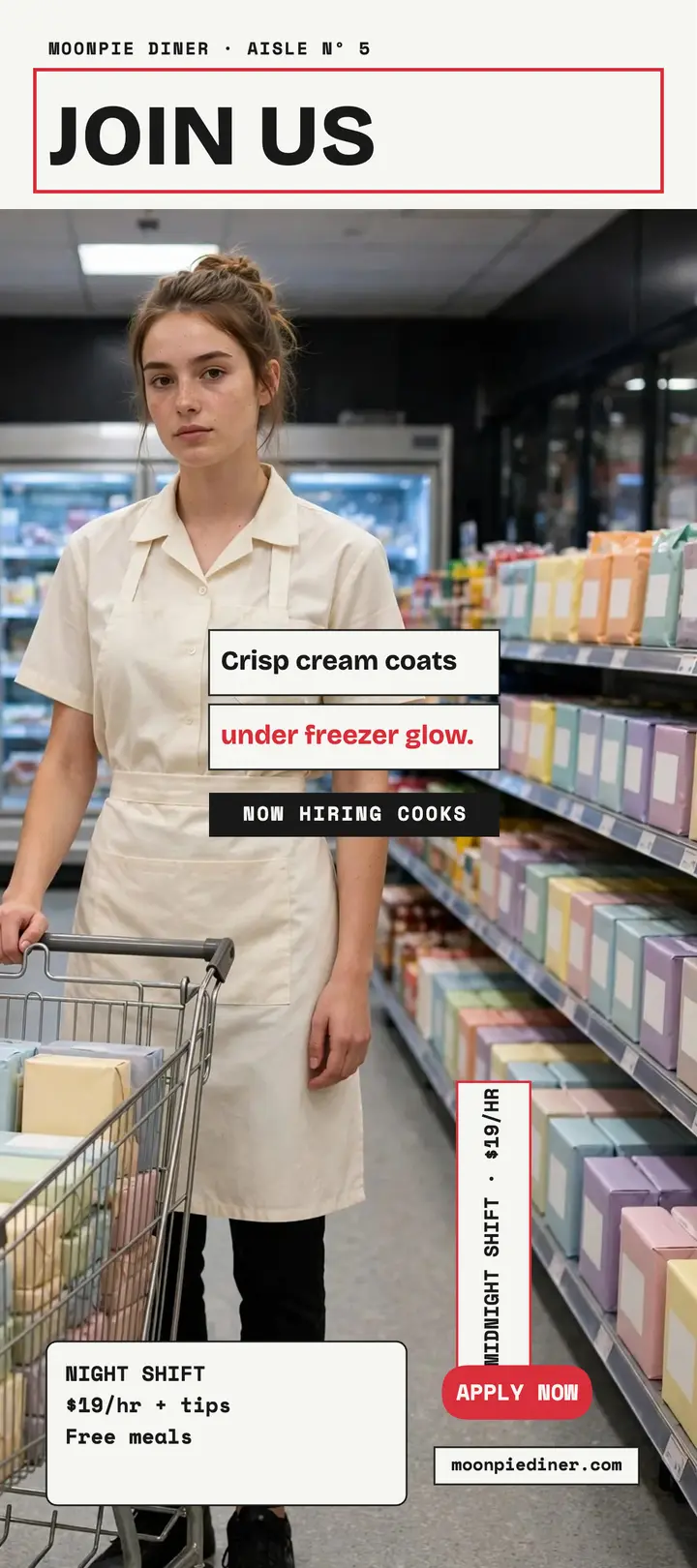 Moonpie Diner line cook hiring rack card: diner hiring rack card template