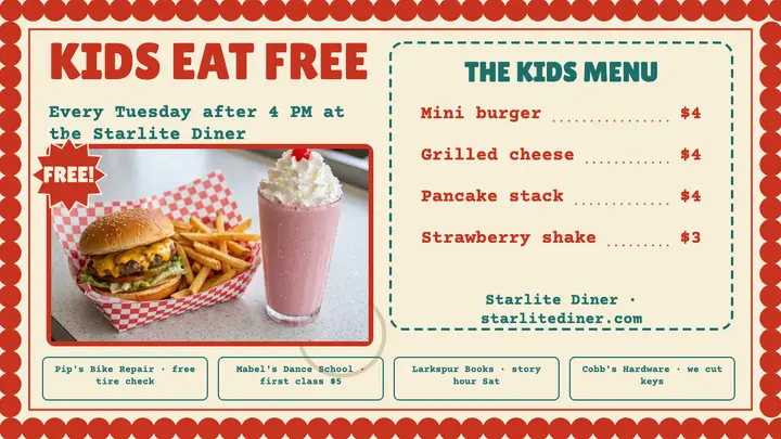 Starlite Diner kids eat free placemat thumbnail template