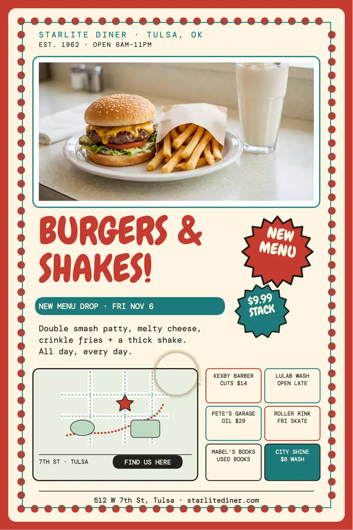 Starlite Diner new menu placemat poster template