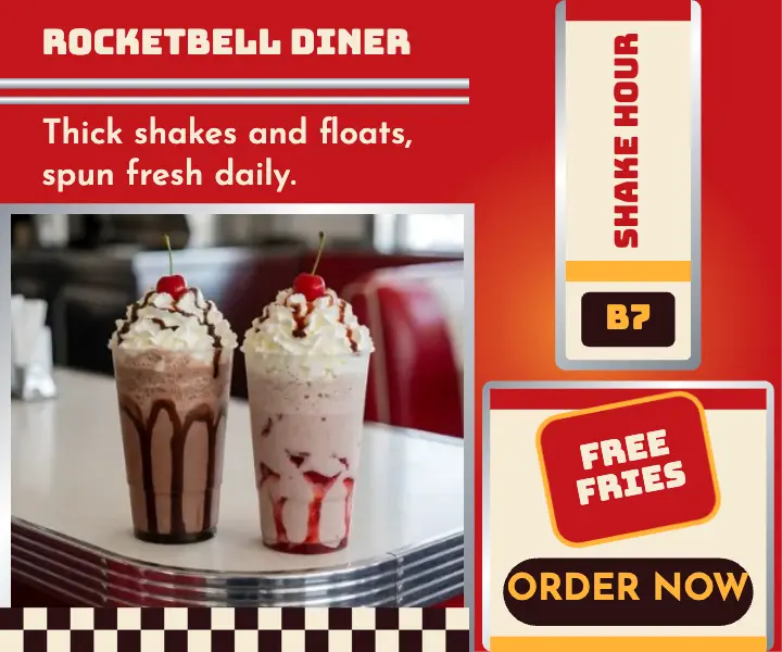 Rocketbell Diner milkshake hour ad, jukebox strip template
