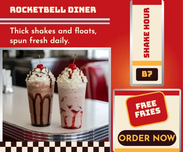 Rocketbell Diner milkshake hour ad, jukebox strip template