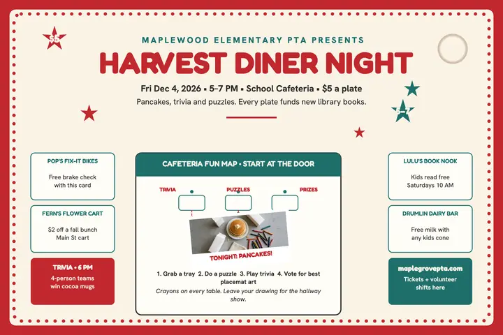 Harvest Diner Night fundraiser placemat: fundraiser placemat postcard template