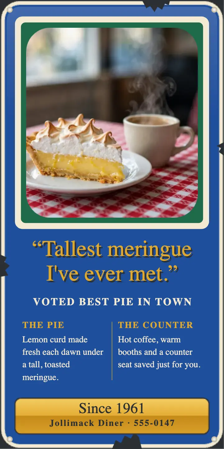 Jollimack Diner best pie review ad, enamel tin sign template