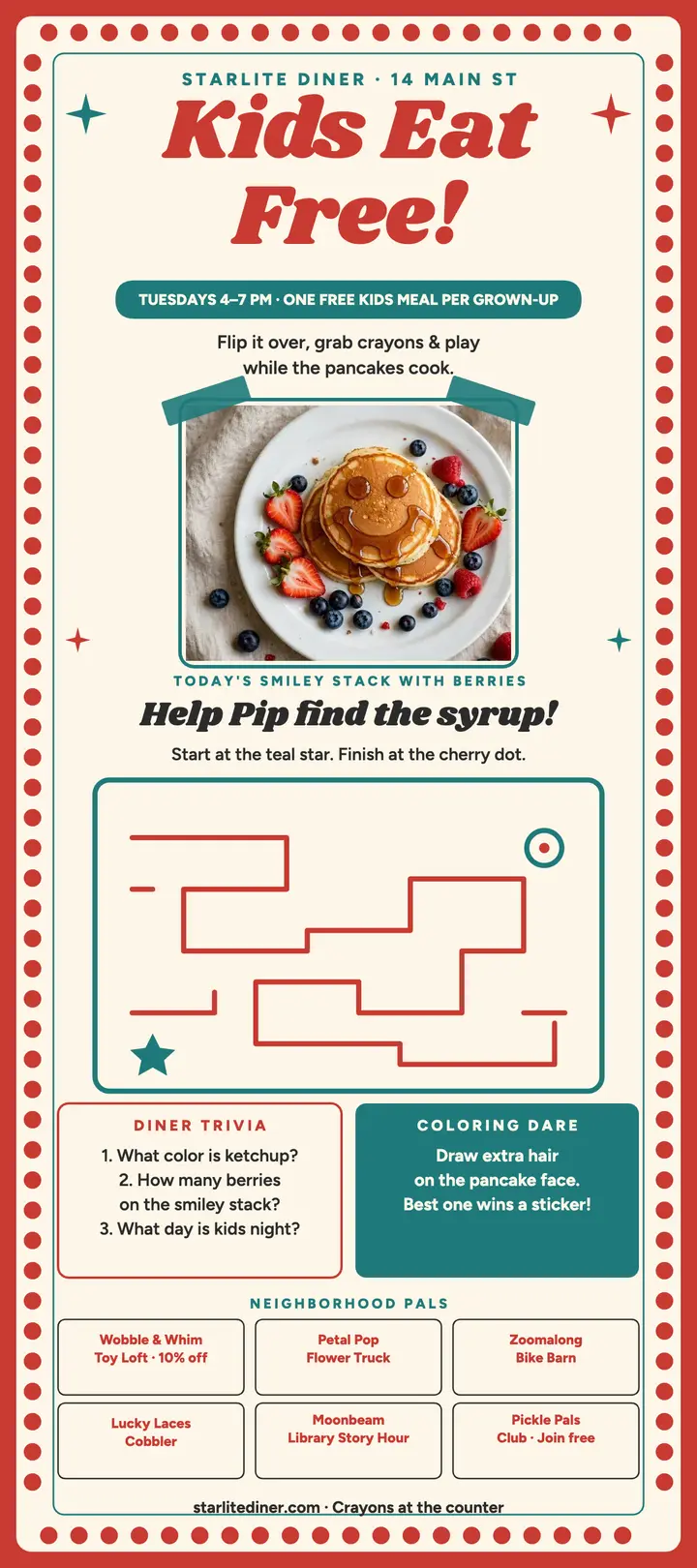 Starlite Diner kids placemat rack card template