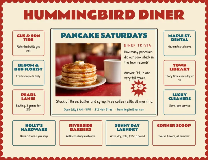Hummingbird Diner placemat brunch flyer template