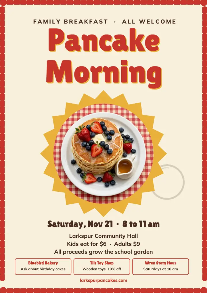 Larkspur pancake morning placemat flyer template