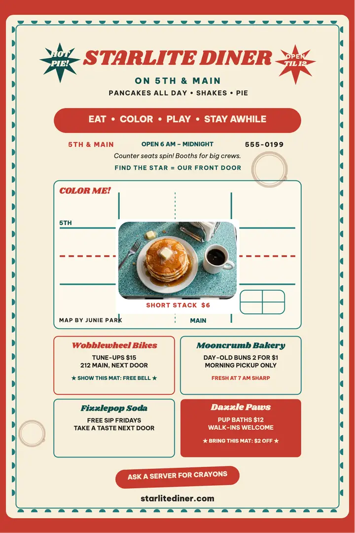Starlite Diner placemat poster with map template