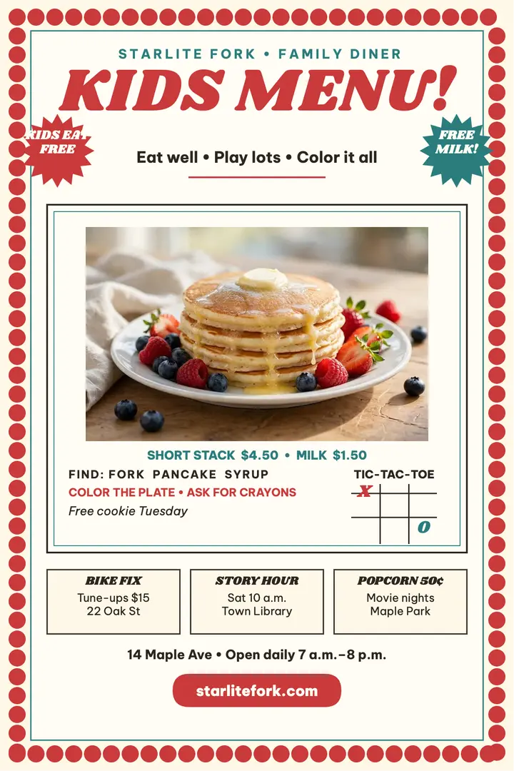 Starlite Fork kids menu placemat poster template