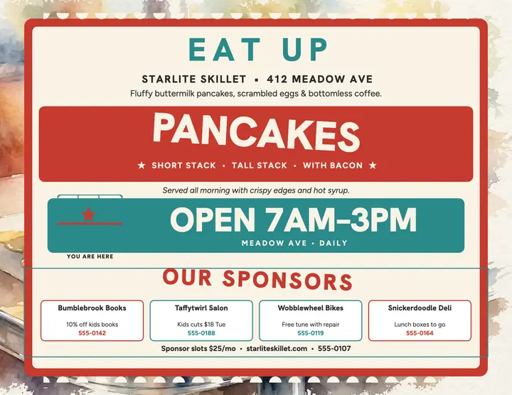 Starlite Skillet sponsor placemat flyer: diner placemat flyer template
