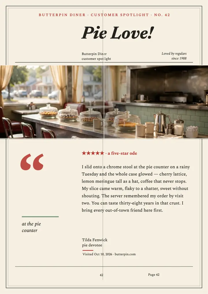 Butterpin Diner pie review spread: diner review flyer template