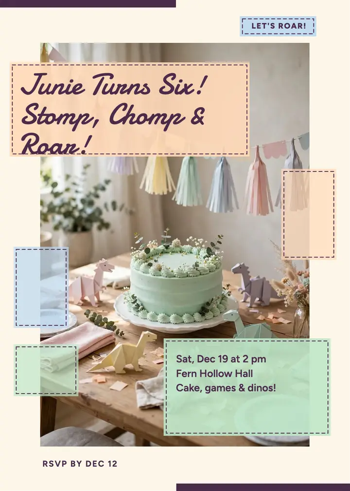 Junie dino birthday invitation, pastel panes: dinosaur birthday invitation template