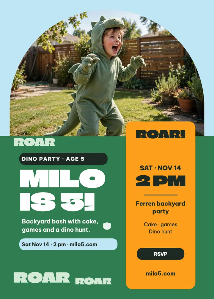 Milo dino roar birthday invite template