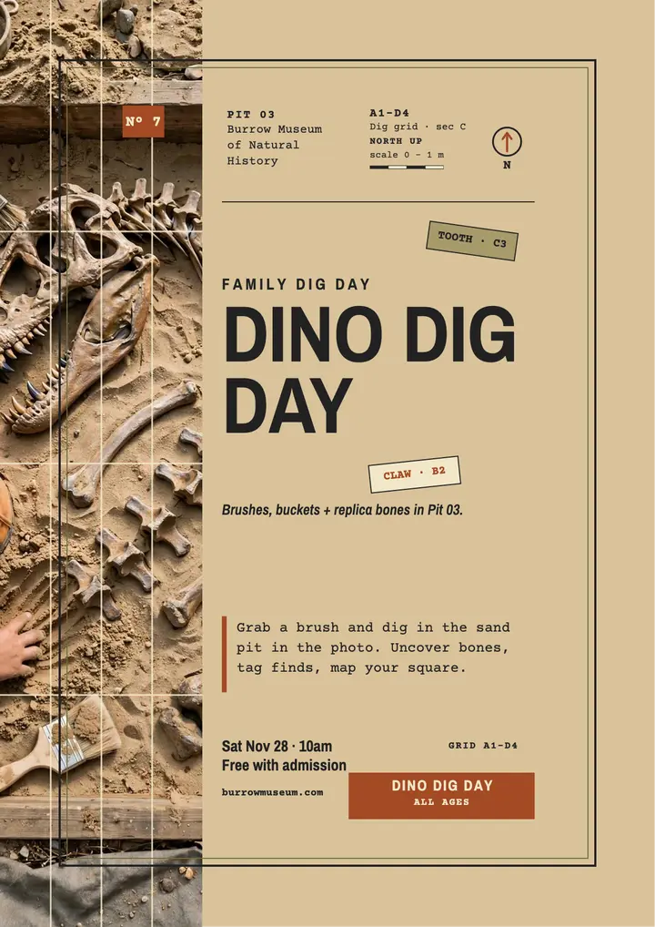 Dino Dig Day family flyer, Burrow Museum template