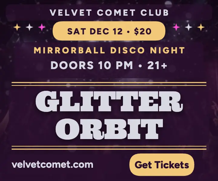 Velvet Comet disco mirrorball ad template