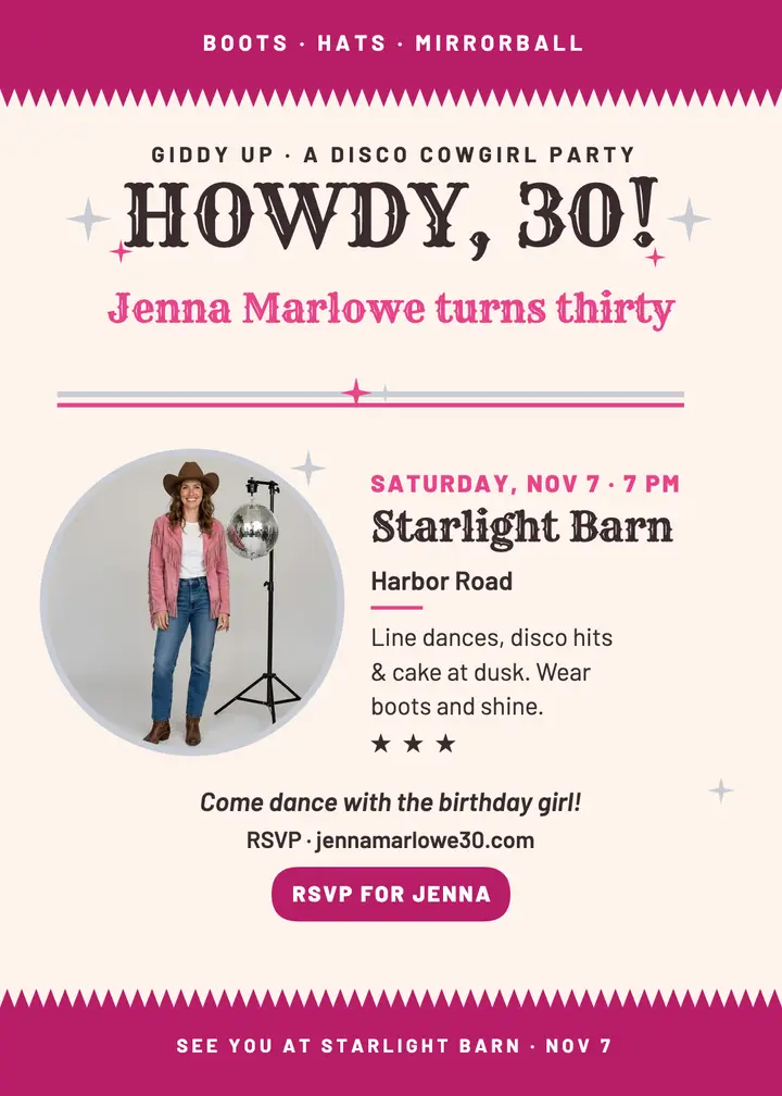 Disco cowgirl 30th birthday invitation template