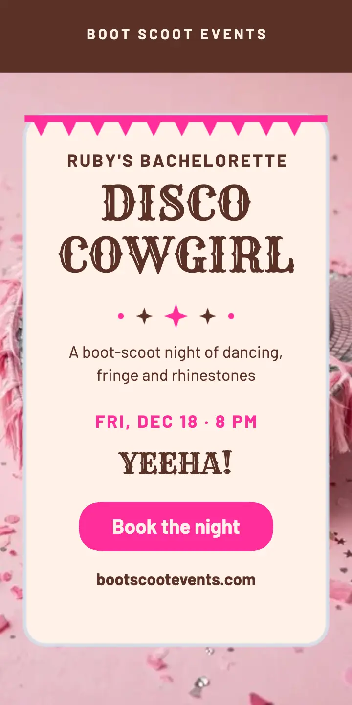 Ruby's disco cowgirl bachelorette ad template