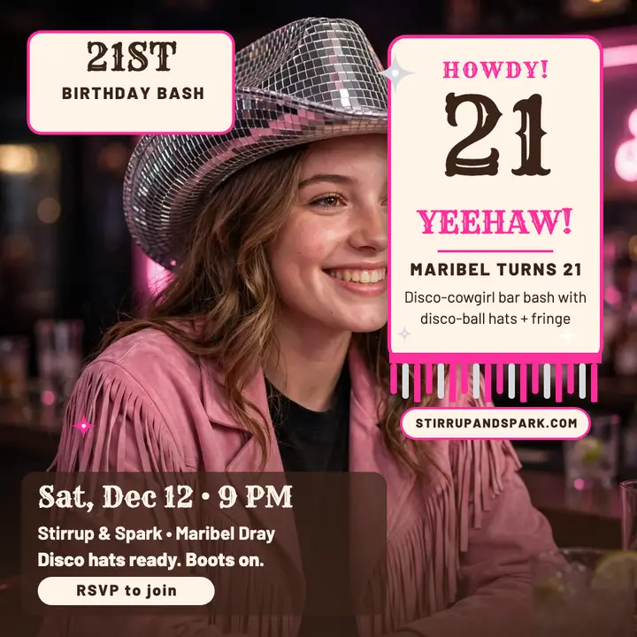 Maribel 21st disco cowgirl birthday template