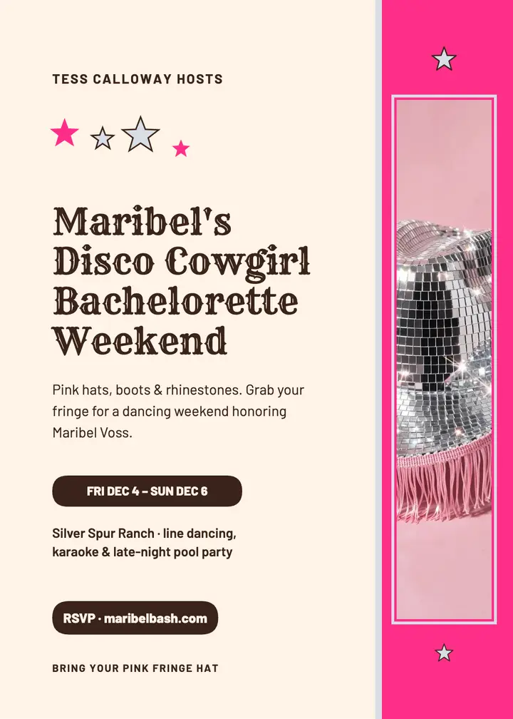 Maribel's disco cowgirl bachelorette invitation template