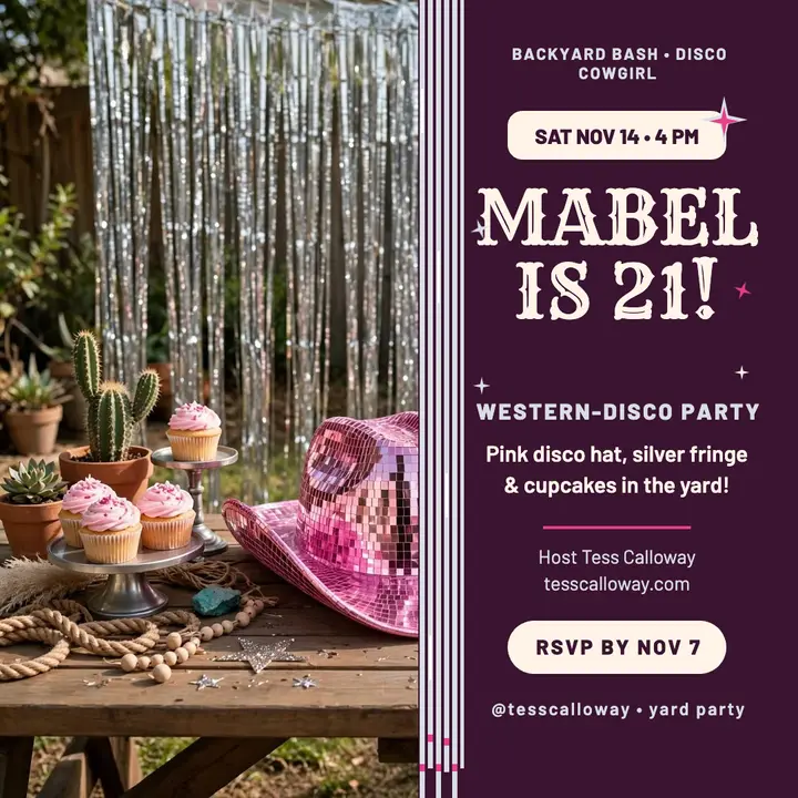 Mabel twenty-one disco cowgirl birthday post template