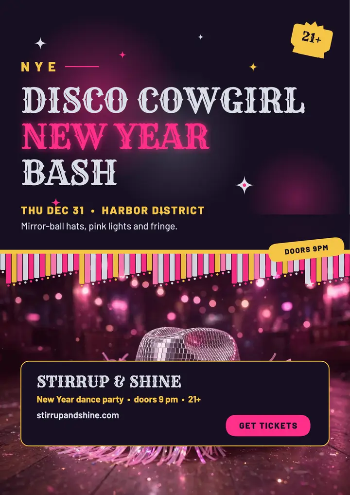 Stirrup and Shine disco cowgirl New Year flyer template