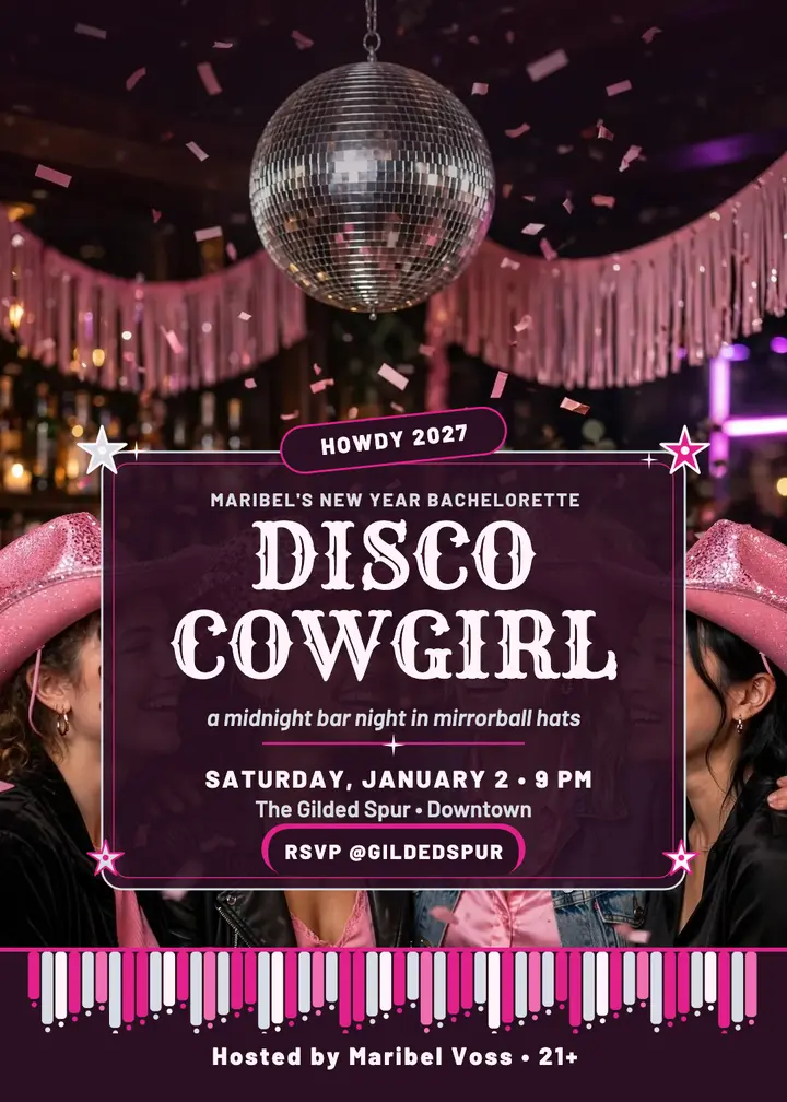 Disco cowgirl bachelorette invitation, new year: bachelorette party invitation template