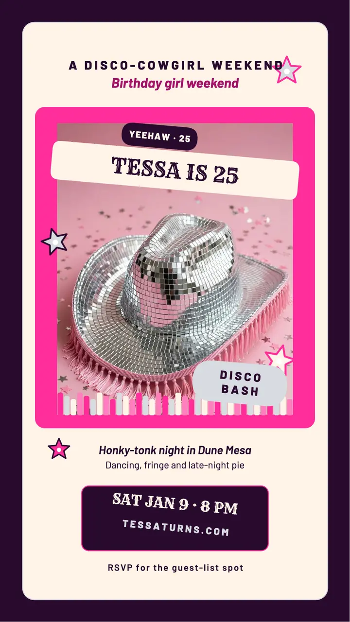 Tessa disco cowgirl birthday story template