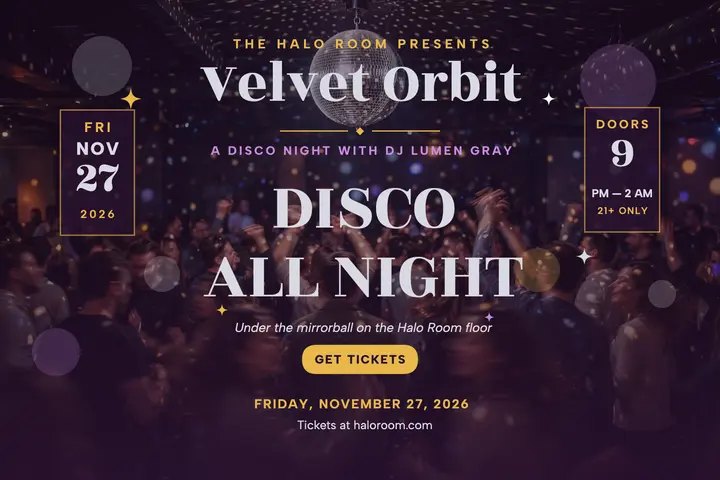 Velvet Orbit disco night postcard: disco dj night postcard template