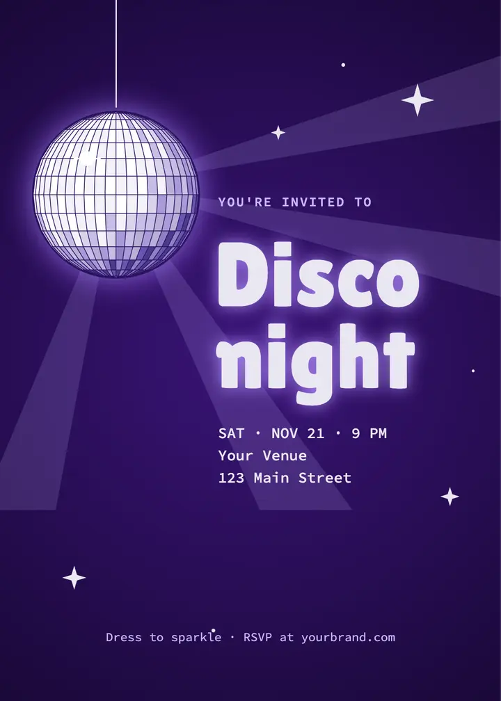 Silver and violet disco night invitation template
