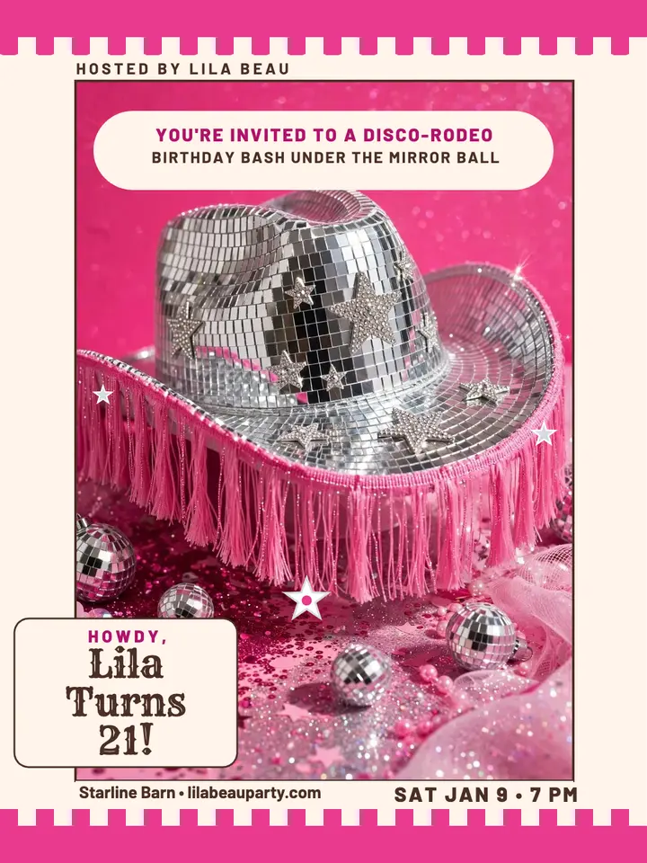 Lila disco cowgirl birthday invite template