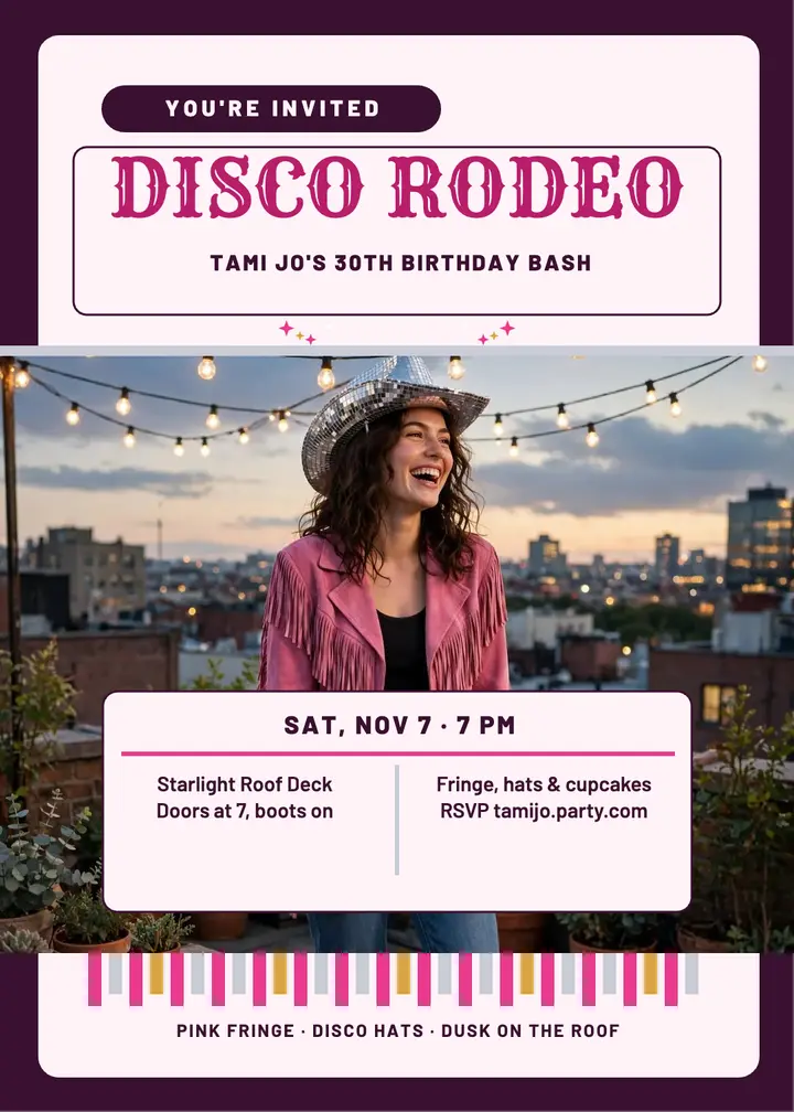 Tami Jo disco cowgirl rooftop birthday template